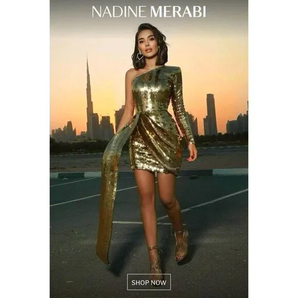 Nadine Merabi Celina Gold Sequin Dress Medium - Picture 7 of 15